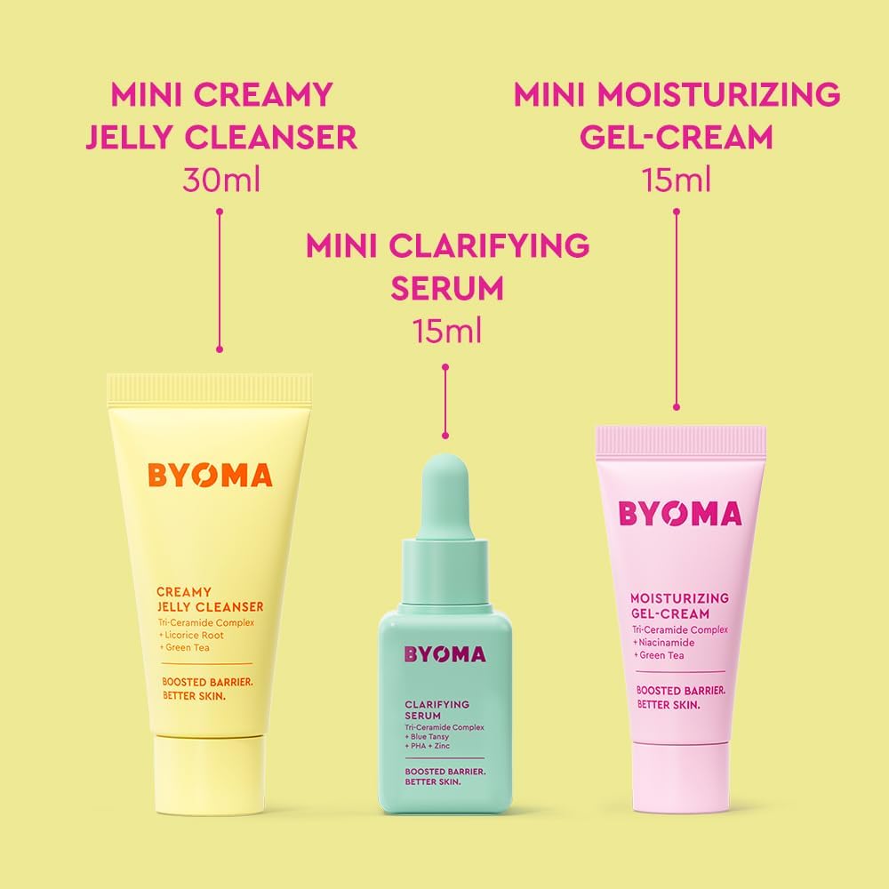 BYOMA So Clear Set - Barrier Repair Skincare Set for Acne Prone Skin - Creamy Jelly Cleanser, Clarifying Face Serum & & Gel-Cream Moisturizer - Unclogs Pores, Targets Blemishes - 30ml, 15ml, 15ml