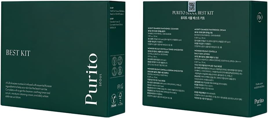 PURITO SEOUL Best Kit - Skincare Routine with Panthenol Cleanser & Cream, Unscented Centella Serum & Toner, Sun Lotion For All Skin Types, Gift Set, For Face, Facial Serum, K-Beauty, 3.52 fl. oz.