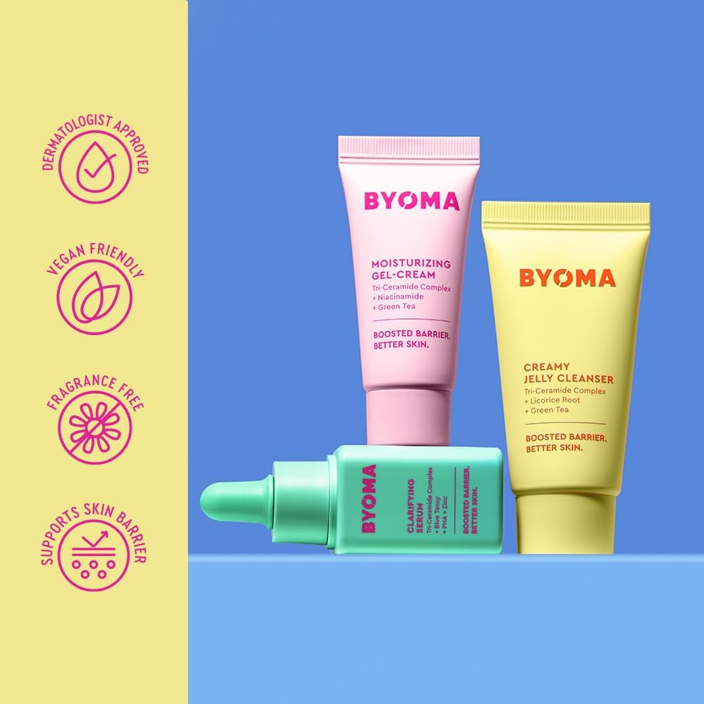 BYOMA So Clear Set - Barrier Repair Skincare Set for Acne Prone Skin - Creamy Jelly Cleanser, Clarifying Face Serum & & Gel-Cream Moisturizer - Unclogs Pores, Targets Blemishes - 30ml, 15ml, 15ml
