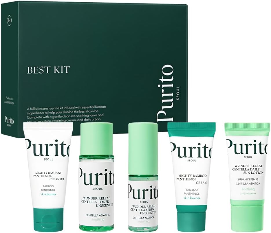 PURITO SEOUL Best Kit - Skincare Routine with Panthenol Cleanser & Cream, Unscented Centella Serum & Toner, Sun Lotion For All Skin Types, Gift Set, For Face, Facial Serum, K-Beauty, 3.52 fl. oz.