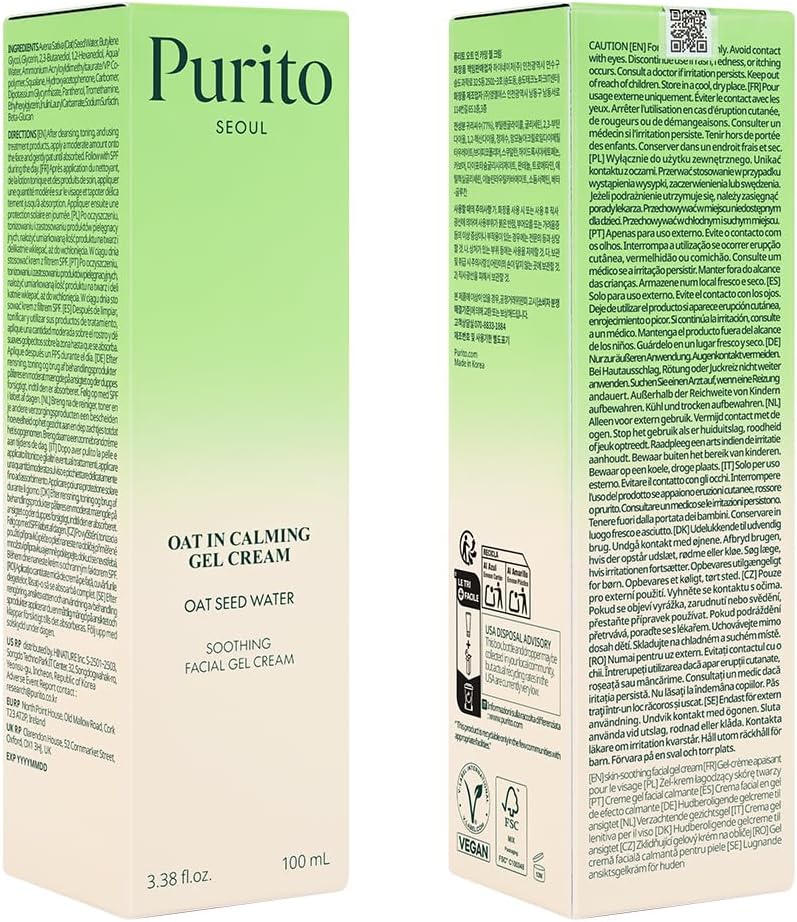 PURITO Oat In Calming Gel Cream, Oat Seed Water, Lightweight Non-Sticky Moisturizer, Non-Comedogenic, Fragrance-Free, Korean Skincare, 100ml 3.38 fl.oz